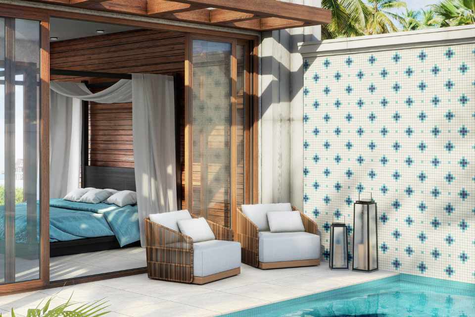 ceramic tile in indoor outdoor pool area of beach house
